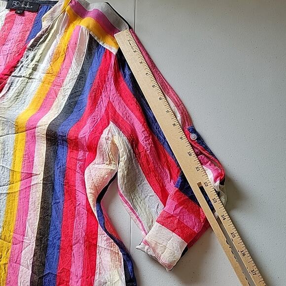 RD & Koko‎ Semi Sheer Rainbow Stripe Button Down Top Roll Tab Sleeve Split Neck - Picture 10 of 13